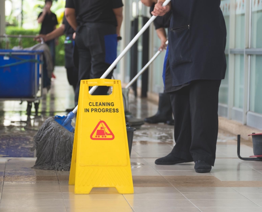 Workers mopping floors of commercial building