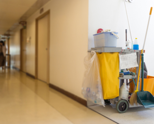 Bucket and set of cleaning equipment in the hospital