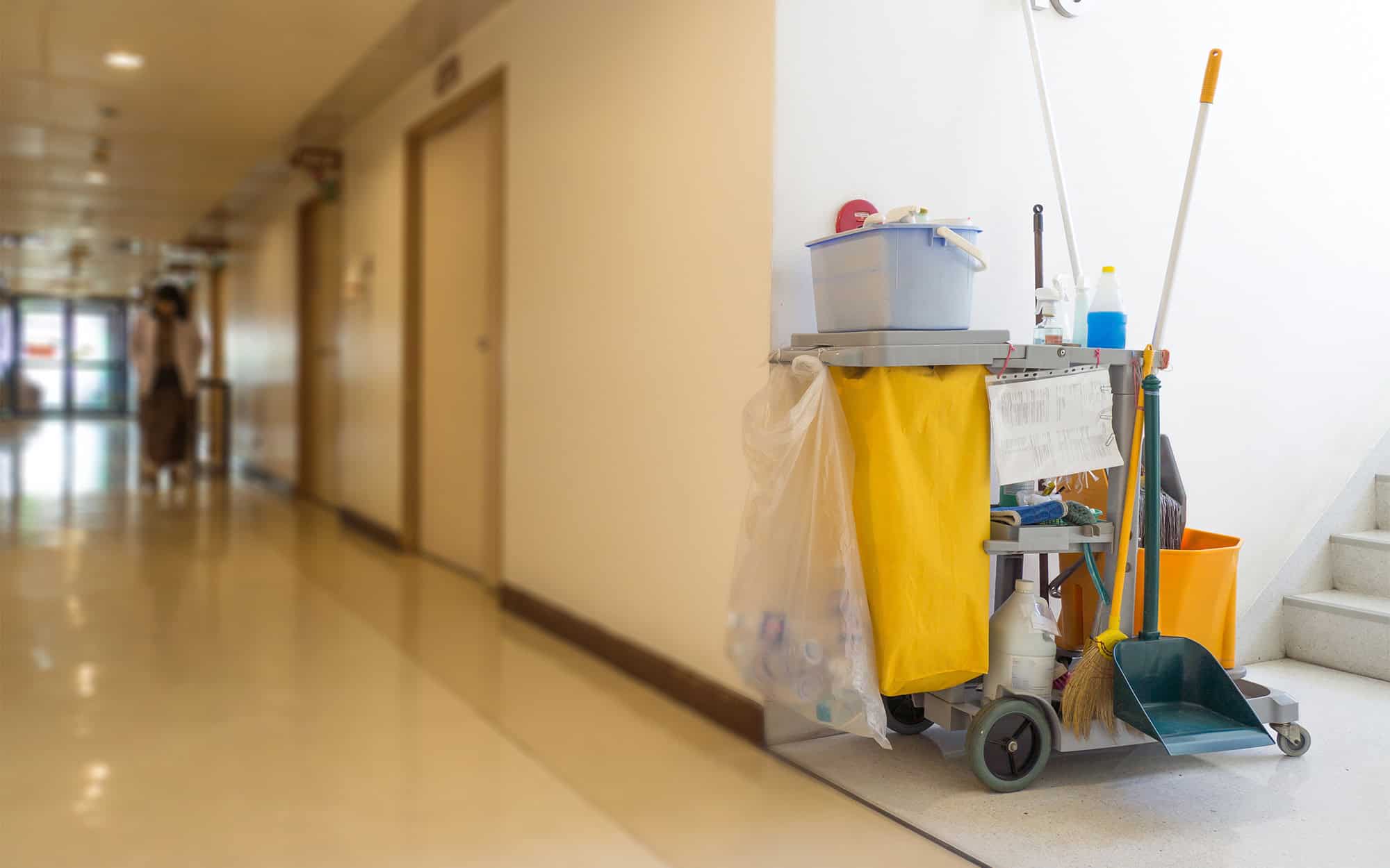 Bucket and set of cleaning equipment in the hospital