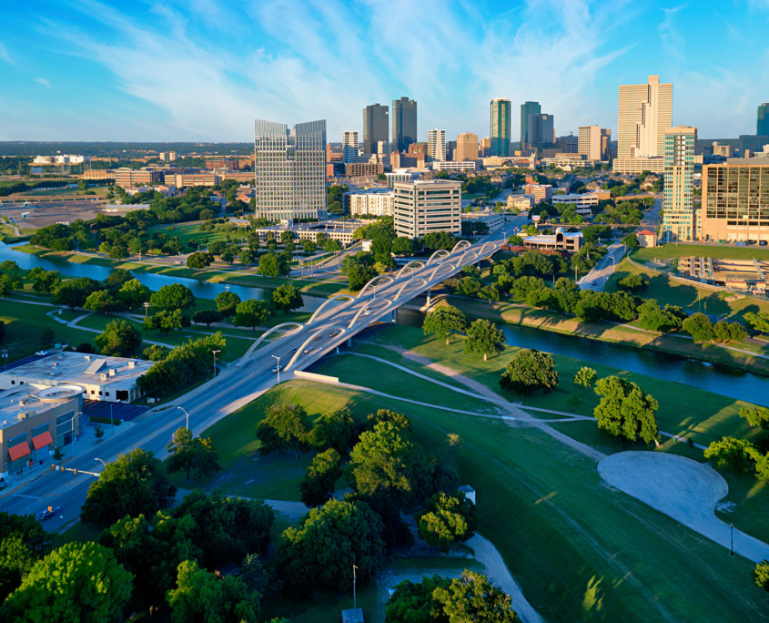 Aerial of Downtown Fort Worth Blue Sky