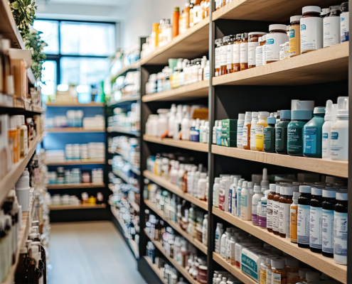 Well-Organized Display of Various Health Supplements in Store Aisle