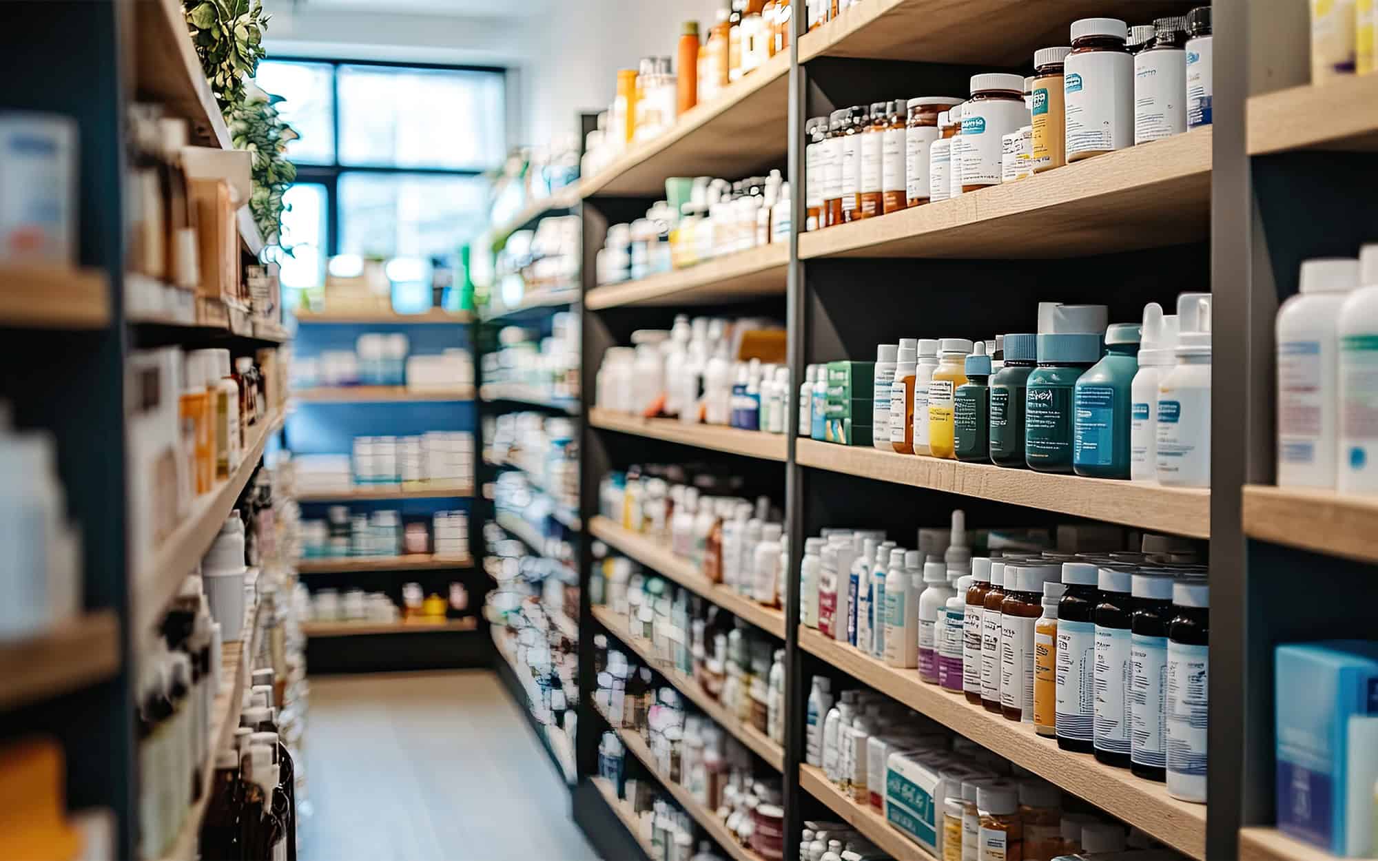 Well-Organized Display of Various Health Supplements in Store Aisle